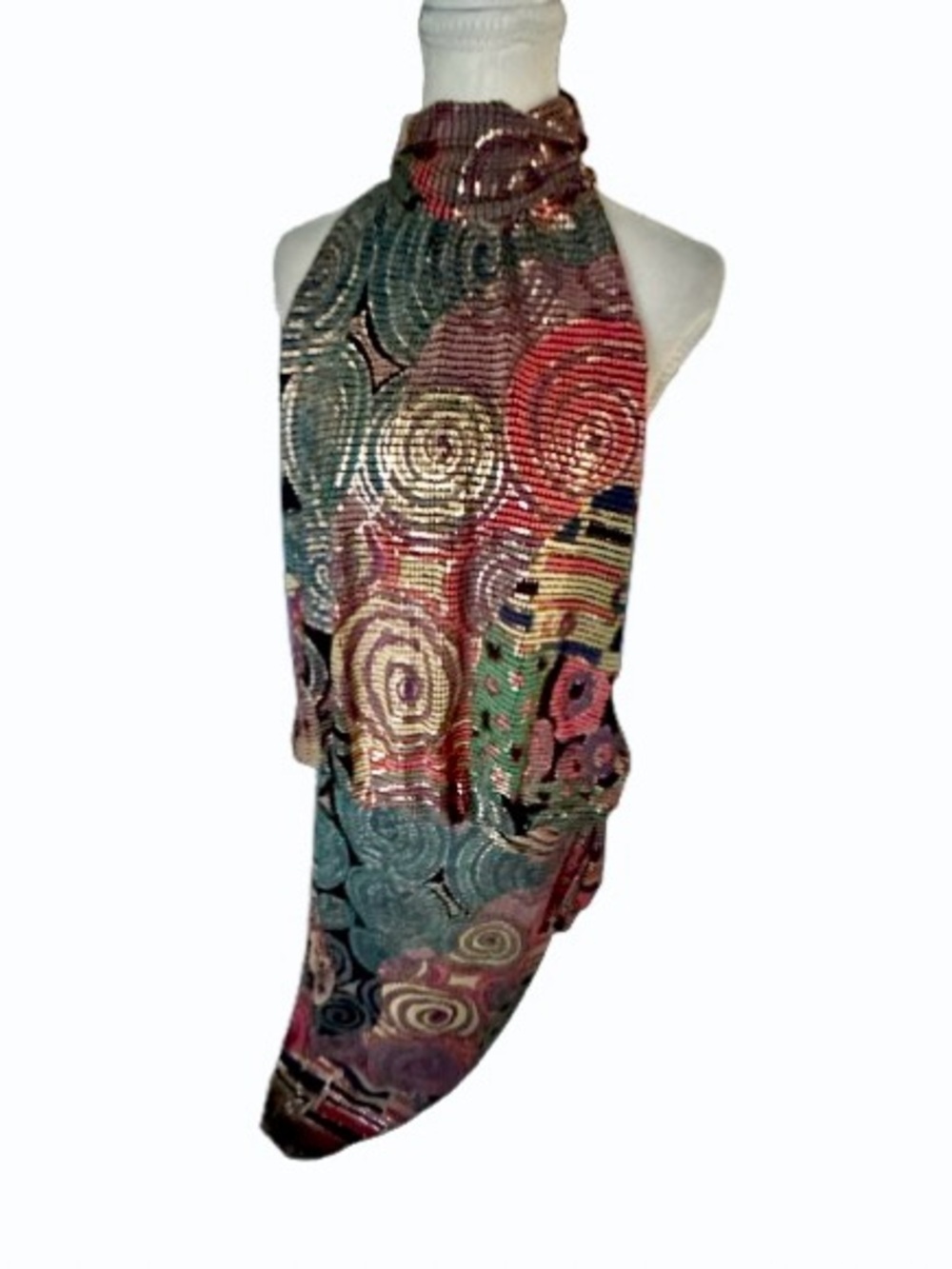 Hand Painted Mosaic JANINE LONDON Vintage 80s 90s Designer Metallic Dress Slit
